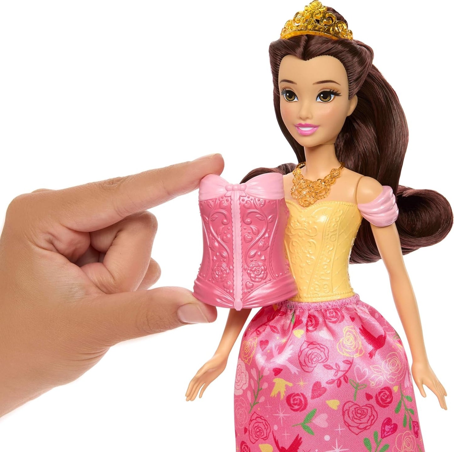 Mattel Disney Princess Toys, Belle Fashion Doll with 2 Looks, 9 Accessories, 2 Snap-On Bodices & 2 Skirts, 2-in-1 Stories Inspired by Movie