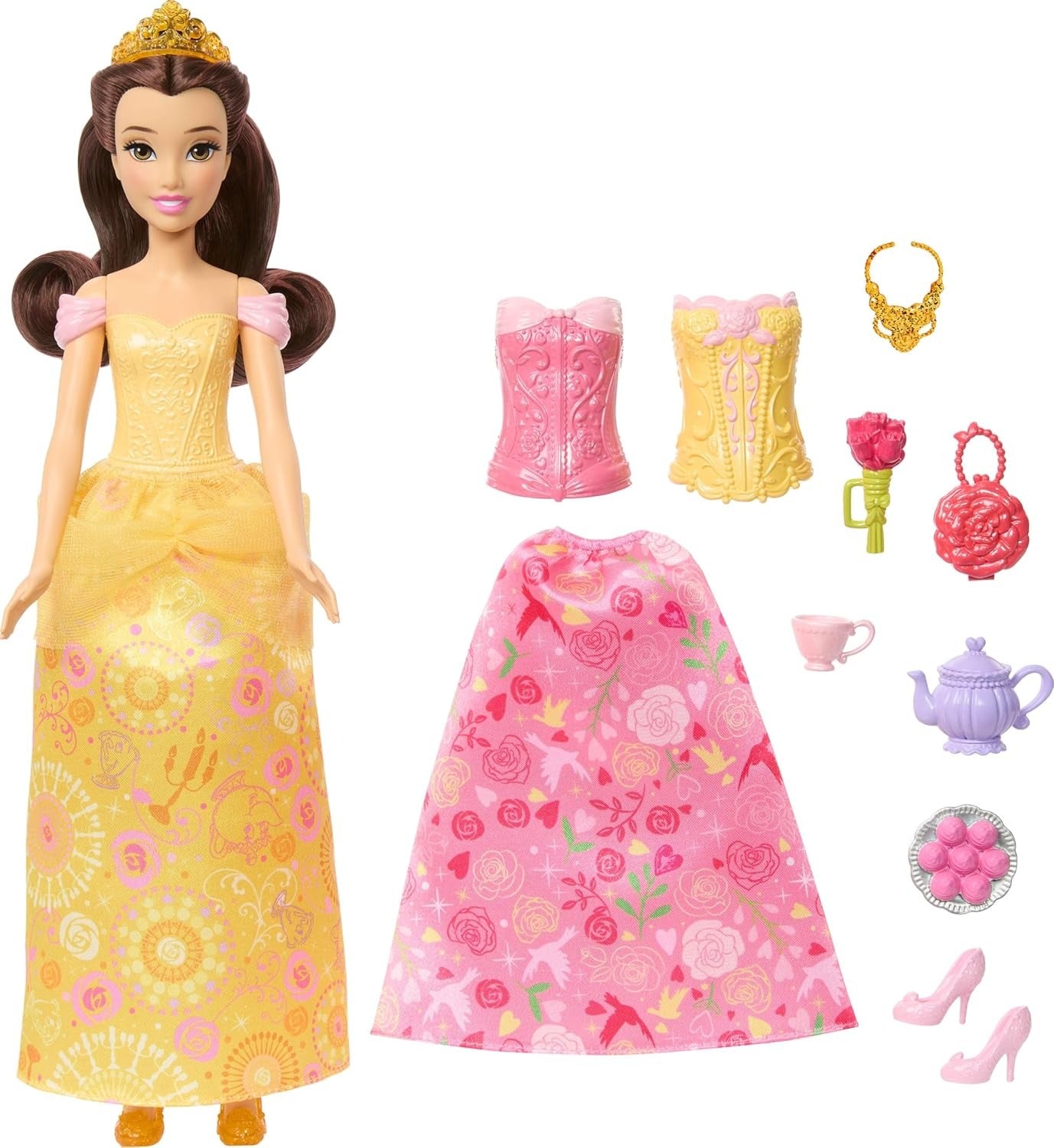 Mattel Disney Princess Toys, Belle Fashion Doll with 2 Looks, 9 Accessories, 2 Snap-On Bodices & 2 Skirts, 2-in-1 Stories Inspired by Movie