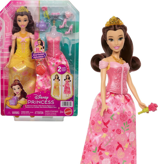 Mattel Disney Princess Toys, Belle Fashion Doll with 2 Looks, 9 Accessories, 2 Snap-On Bodices & 2 Skirts, 2-in-1 Stories Inspired by Movie