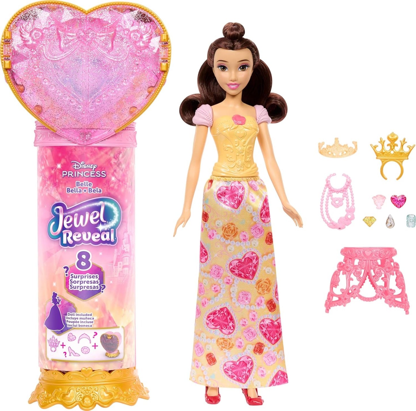 Mattel Disney Princess Belle Fashion Doll & Accessories with 8 Surprises, Including Heart Gem Box, Ring for Child & 9 Pieces, Inspired by Movie Visit the Mattel Store