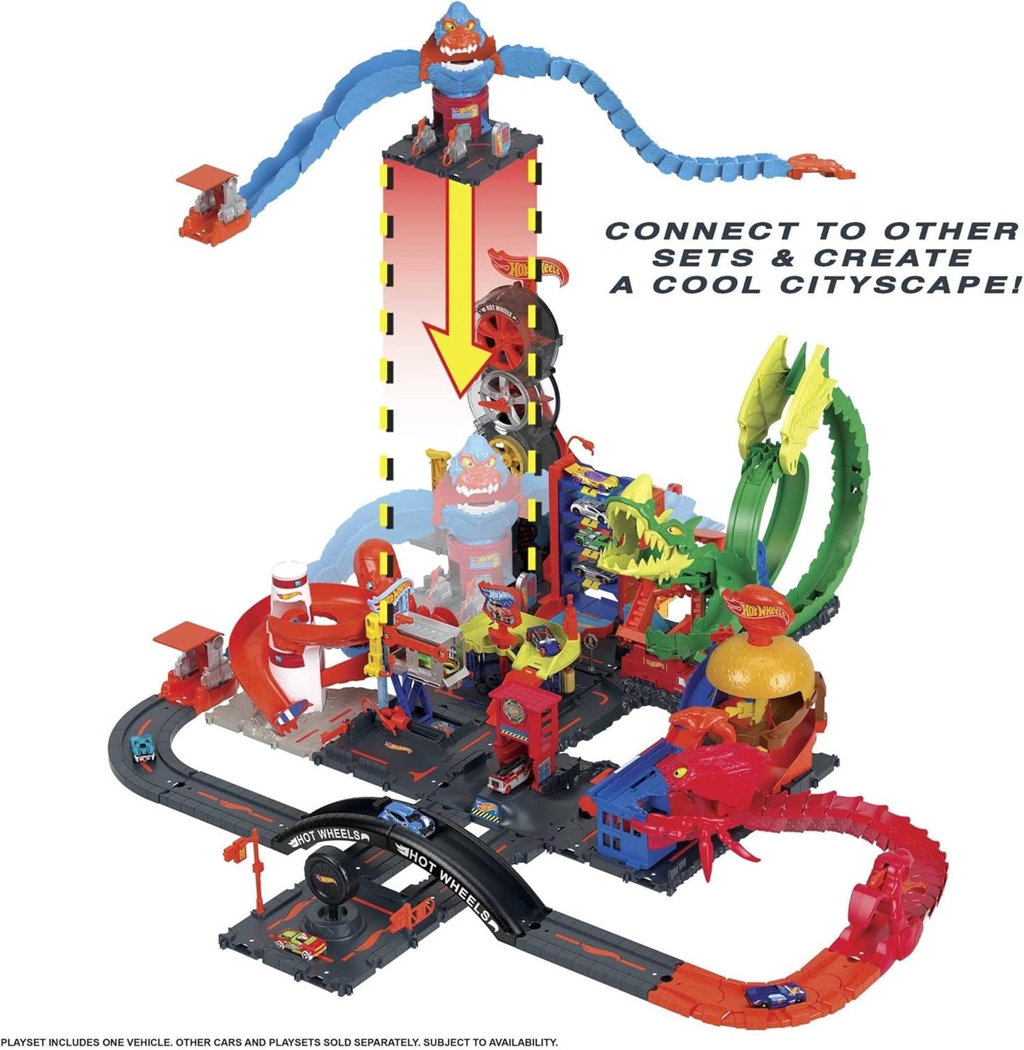 Hot Wheels City Wreck & Ride Gorilla Attack with 1 Hot Wheels Car, Connects to Other Sets, Gas Station-Themed Set, Gift for Kids 4 to 8 Years Old, HDR30