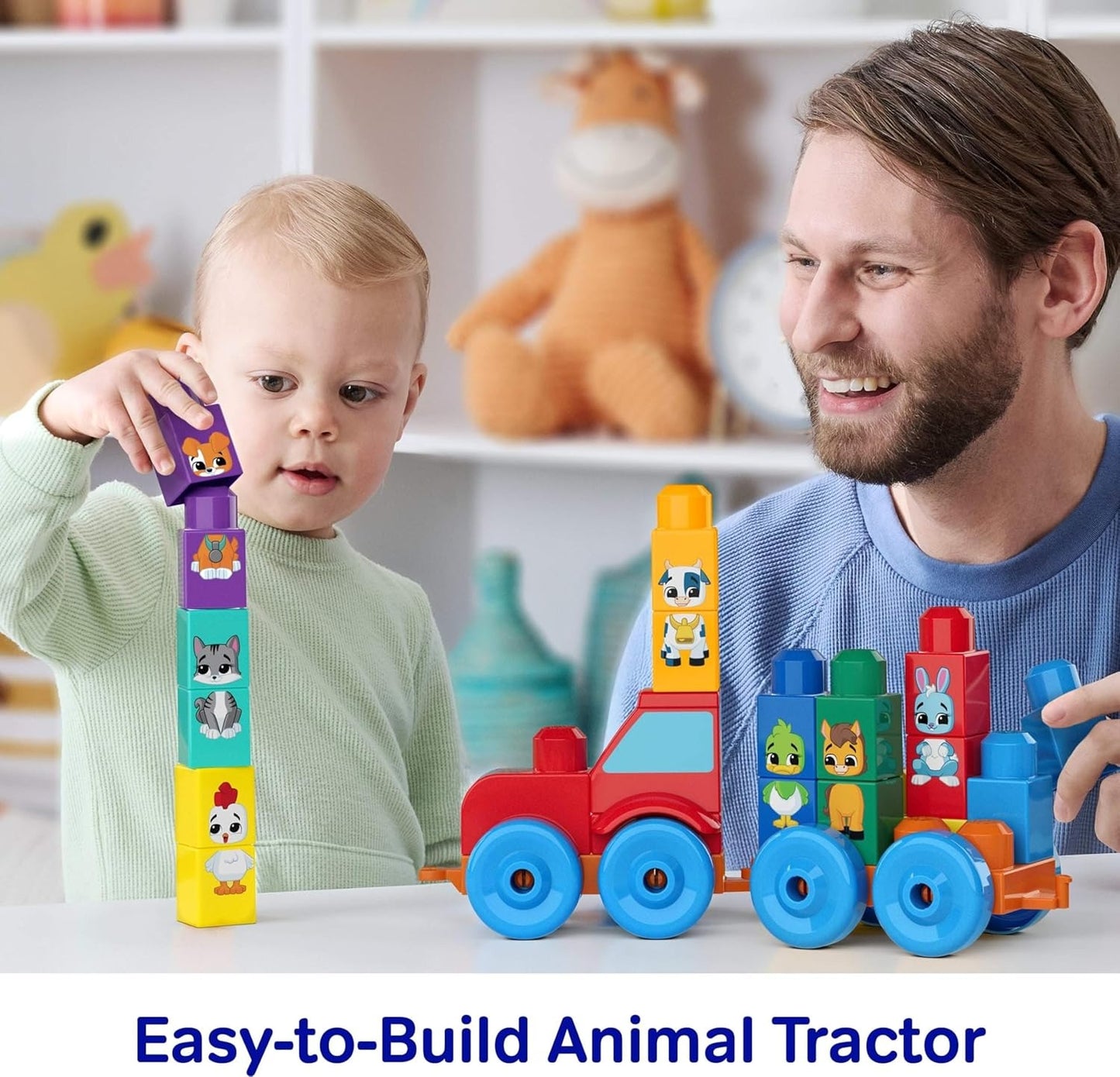 Mega Bloks First Builders Toddler Block Toys Set, Build & Match Animal Tractor with 30 Pieces, Learn Animals and Colors, Red and Blue, Ages 1+ Years