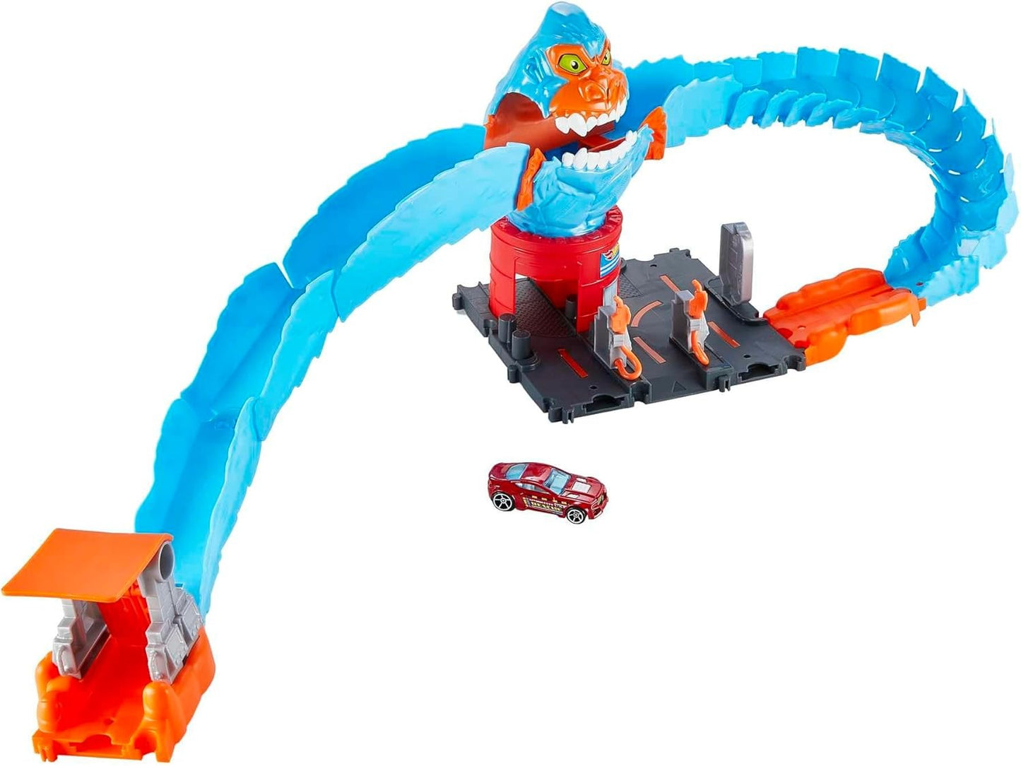 Hot Wheels City Wreck & Ride Gorilla Attack with 1 Hot Wheels Car, Connects to Other Sets, Gas Station-Themed Set, Gift for Kids 4 to 8 Years Old, HDR30