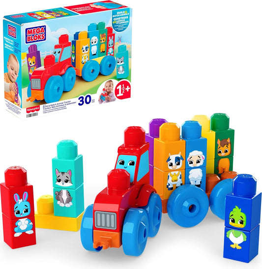 Mega Bloks First Builders Toddler Block Toys Set, Build & Match Animal Tractor with 30 Pieces, Learn Animals and Colors, Red and Blue, Ages 1+ Years