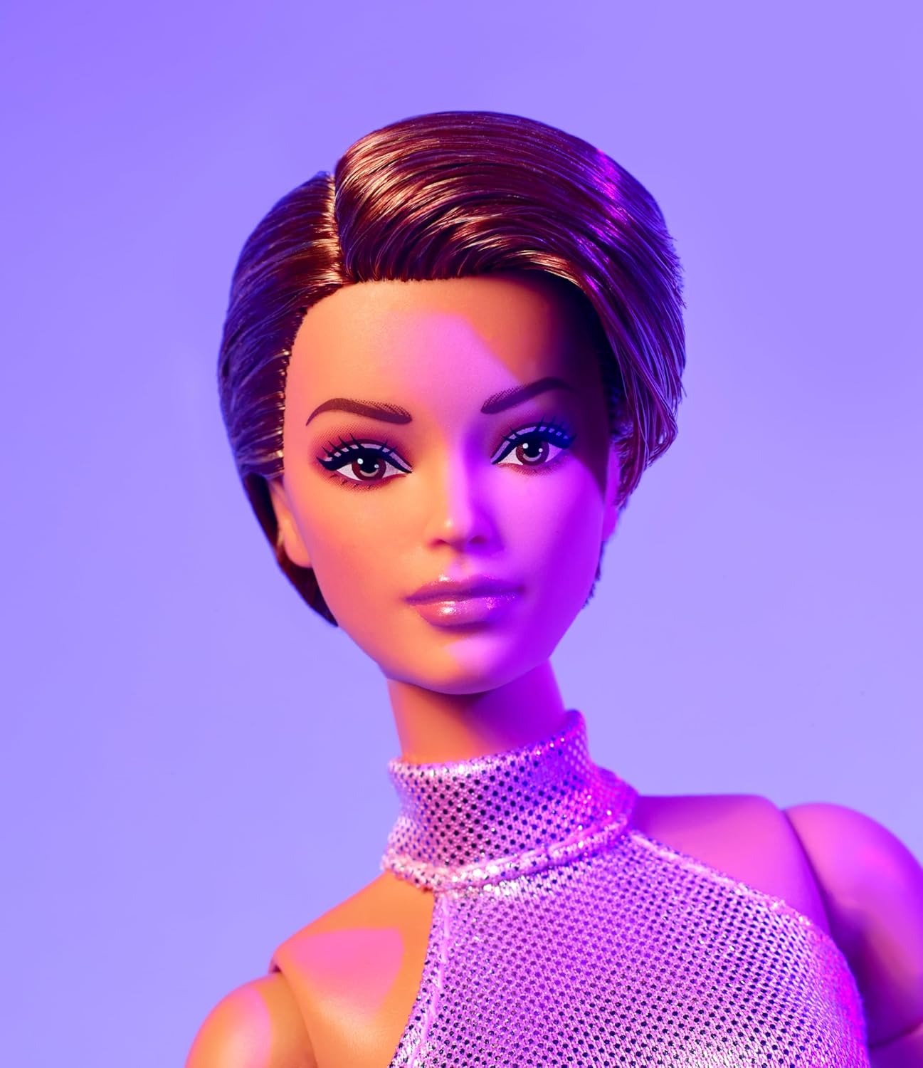 Barbie Looks Doll, Collectible No. 22 with Pixie Cut & Modern Y2K Fashion, Sequined Pink Halter Jumpsuit with Silver Heels