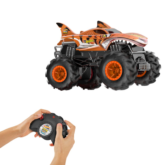 Hot Wheels Monster Trucks RC, 1:24 Scale Tiger Shark Vehicle, Oversized Remote-Control Toy Truck with Terrain Action Tires
