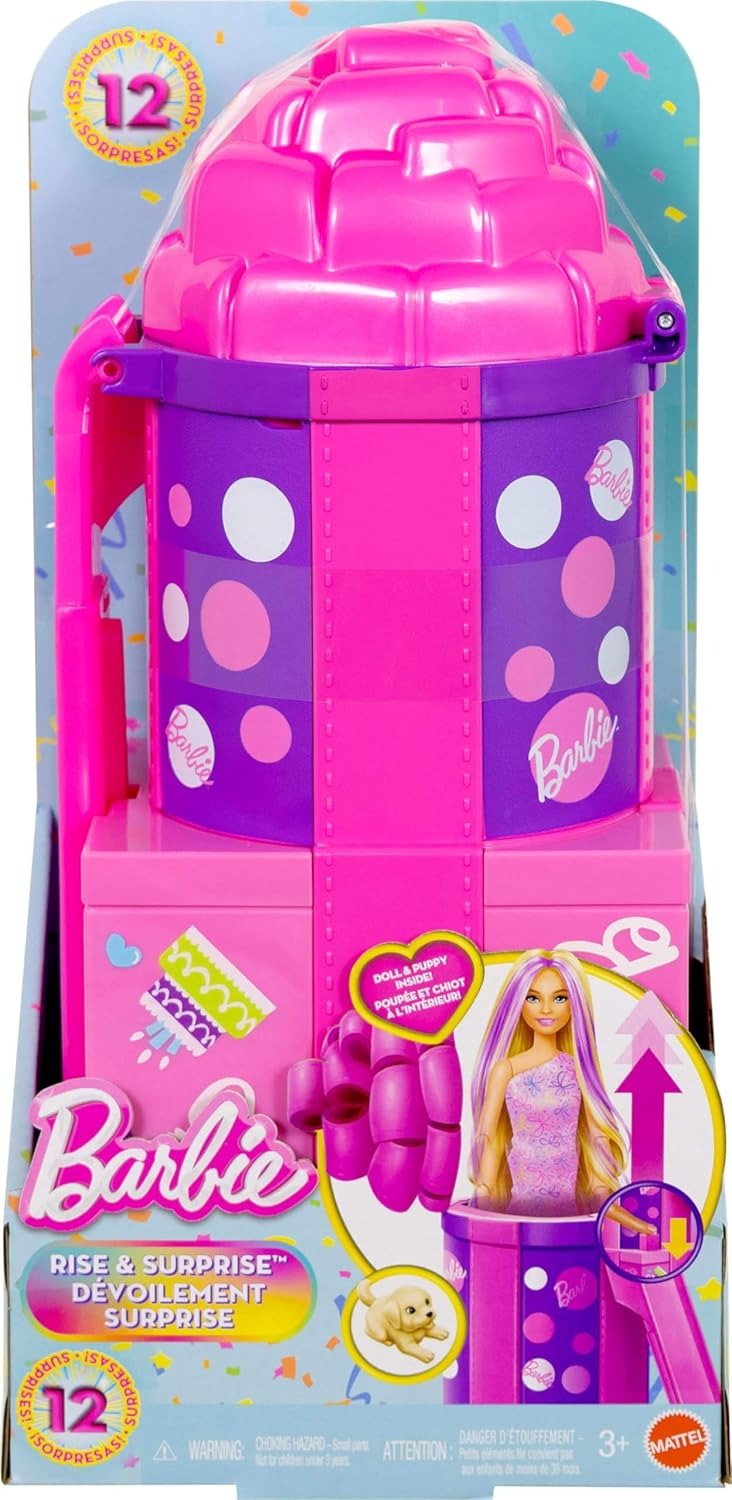 Barbie Rise & Surprise Doll & Accessories, Pet Birthday Series with 12 Surprises Including Slide & Color-Change Activity (Styles May Vary)