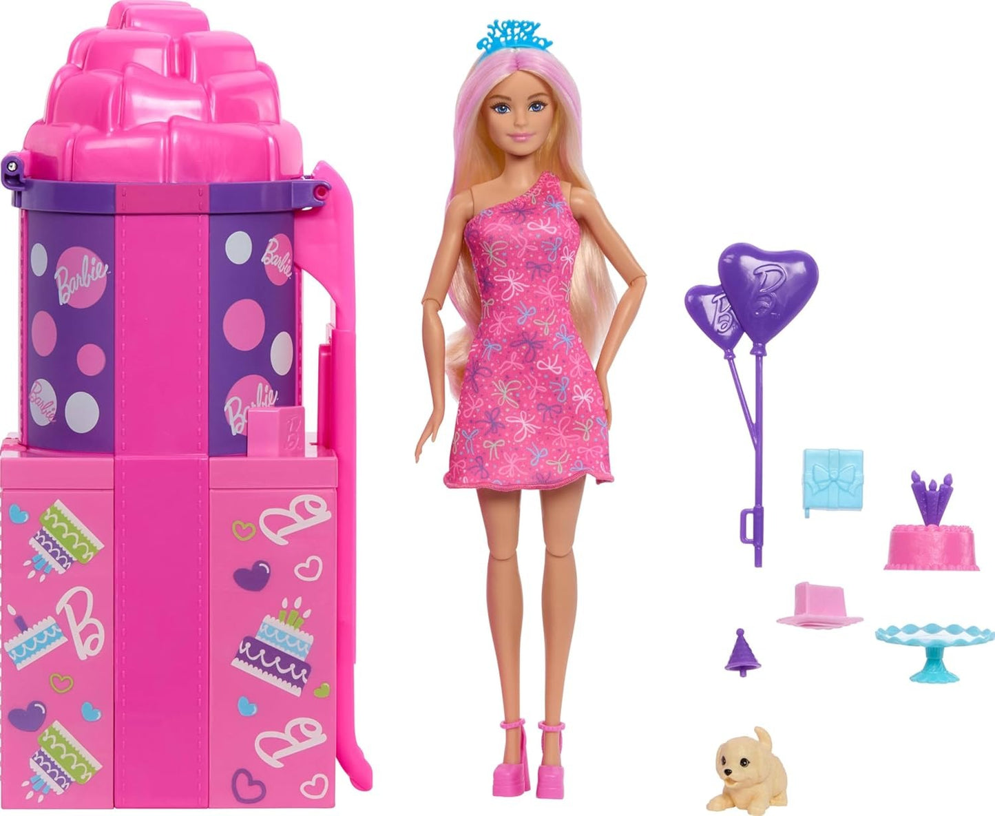 Barbie Rise & Surprise Doll & Accessories, Pet Birthday Series with 12 Surprises Including Slide & Color-Change Activity (Styles May Vary)