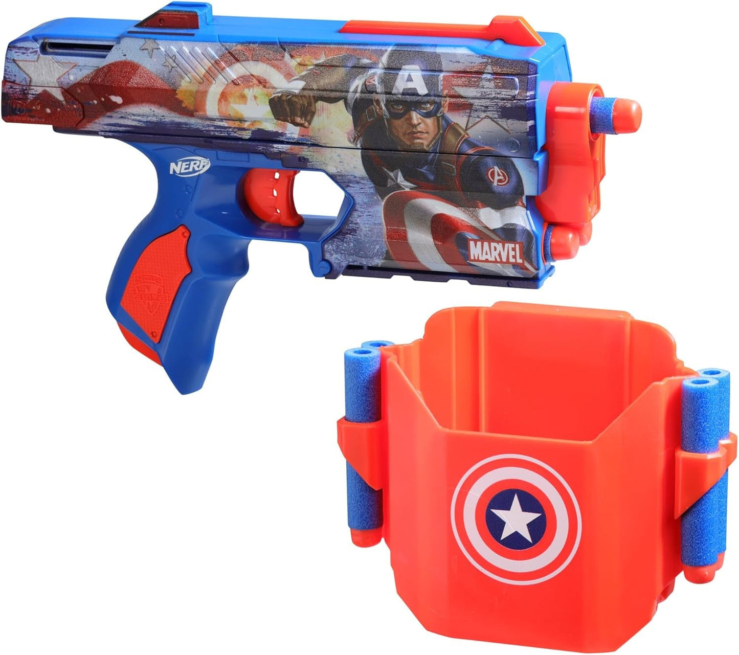 Nerf Marvel Captain America Blaster, 10 Nerf Elite Darts, Holster, Gifts for 8 Year Old Boys & Girls & Up