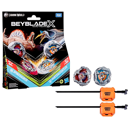 Beyblade X Jurassic World Collab Spinosaurus vs. Quetzalcoatlus Multipack Set, 2 Takara Tomy Tops, 2 launchers, Battling Tops Game, Dinosaur Toys, Ages 8+
