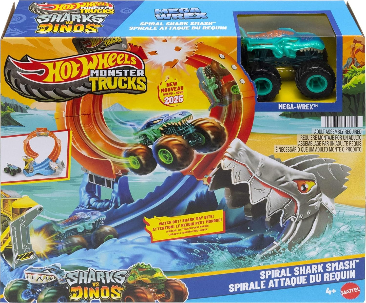Hot Wheels Monster Trucks Corkscrew Shark Smash Track Set & 1:64 Scale MEGA-Wrex Toy Truck