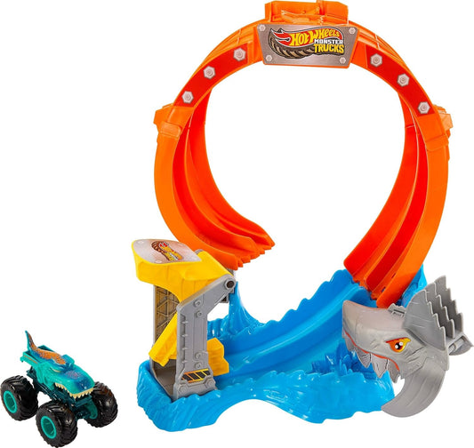 Hot Wheels Monster Trucks Corkscrew Shark Smash Track Set & 1:64 Scale MEGA-Wrex Toy Truck