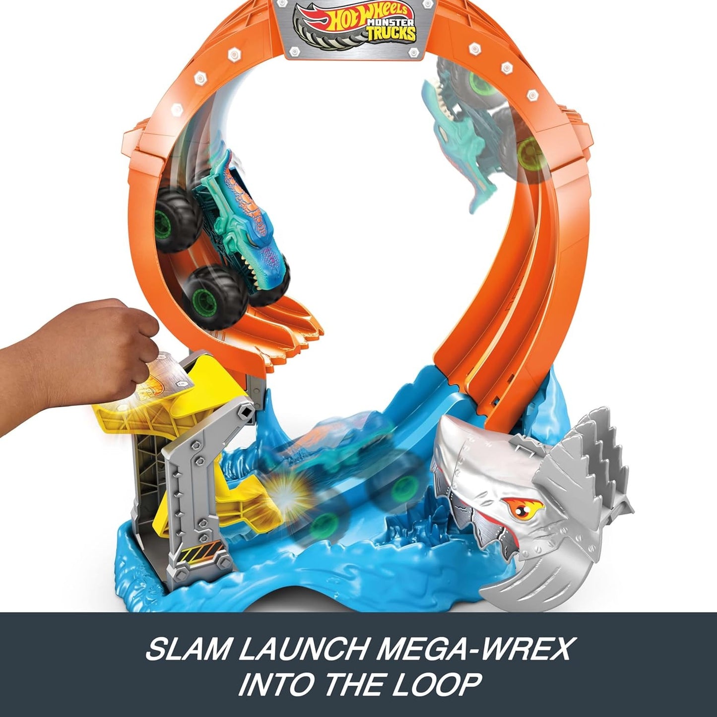 Hot Wheels Monster Trucks Corkscrew Shark Smash Track Set & 1:64 Scale MEGA-Wrex Toy Truck
