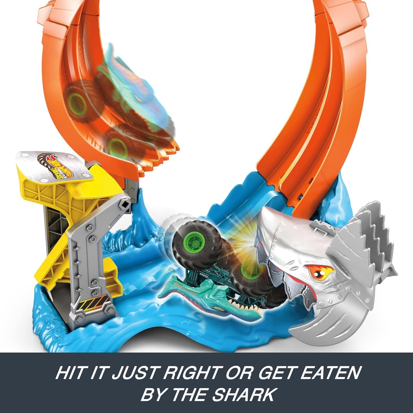 Hot Wheels Monster Trucks Corkscrew Shark Smash Track Set & 1:64 Scale MEGA-Wrex Toy Truck