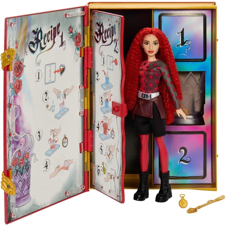 Mattel Disney Descendants: The Rise of Red – Red, Daughter of Queen of Hearts Doll & Playset, The Sorcerer’s Cookbook, Mix for Slime & Surprises
