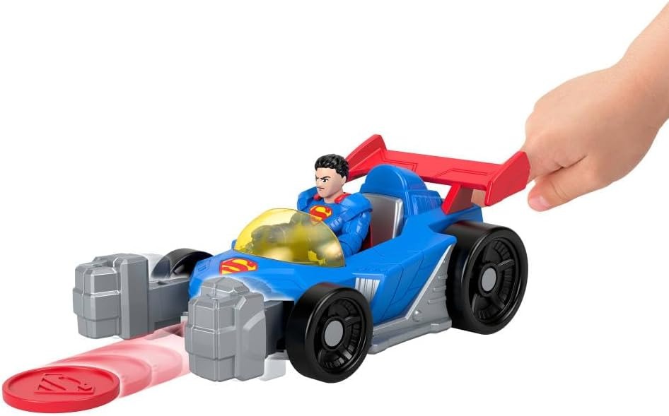 Fisher-Price Imaginext DC Super Friends Metal Force Supermobile Toy Car, 3-inch Superman Action Figure & Accessories Set, Includes Launcher & 2 Discs
