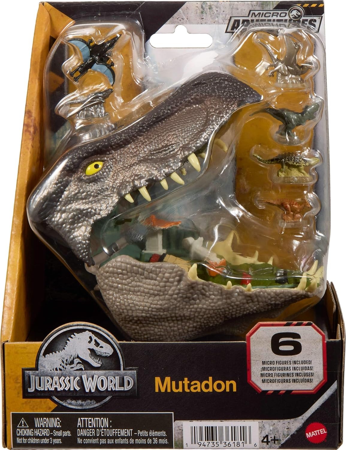 Mattel Jurassic World Rebirth Micro Adventure Playset, Distortus Rex Head Opens to 3 Interactive Features, 6 Small Figures, Dinosaur Toy