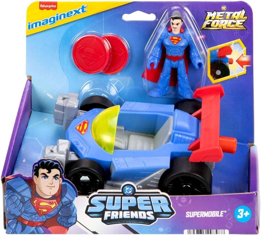 Fisher-Price Imaginext DC Super Friends Metal Force Supermobile Toy Car, 3-inch Superman Action Figure & Accessories Set, Includes Launcher & 2 Discs