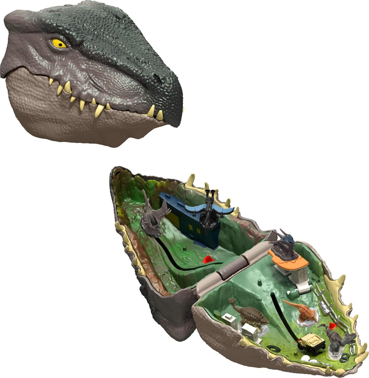 Mattel Jurassic World Rebirth Micro Adventure Playset, Distortus Rex Head Opens to 3 Interactive Features, 6 Small Figures, Dinosaur Toy