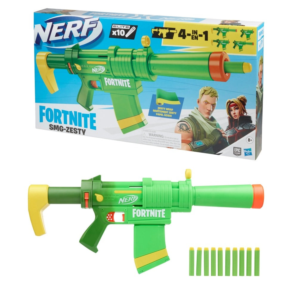 Nerf Fortnite SMG-Zesty Blaster, 10 Nerf Elite Darts, 10-Dart Clip, Removable Stock & Barrel, Fortnite Gifts for Boys & Girls