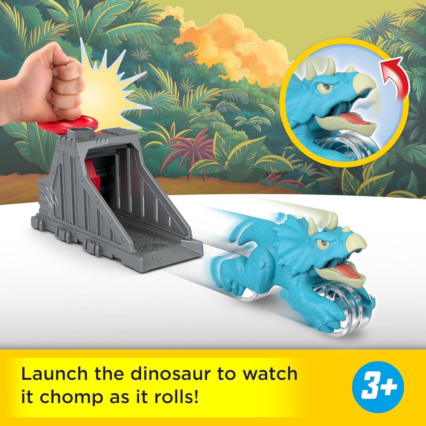 Fisher-Price Imaginext Jurassic World Launcher Set with 4.25-inch Chomping Toy Triceratops Dinosaur, Blaster & Food Projectile