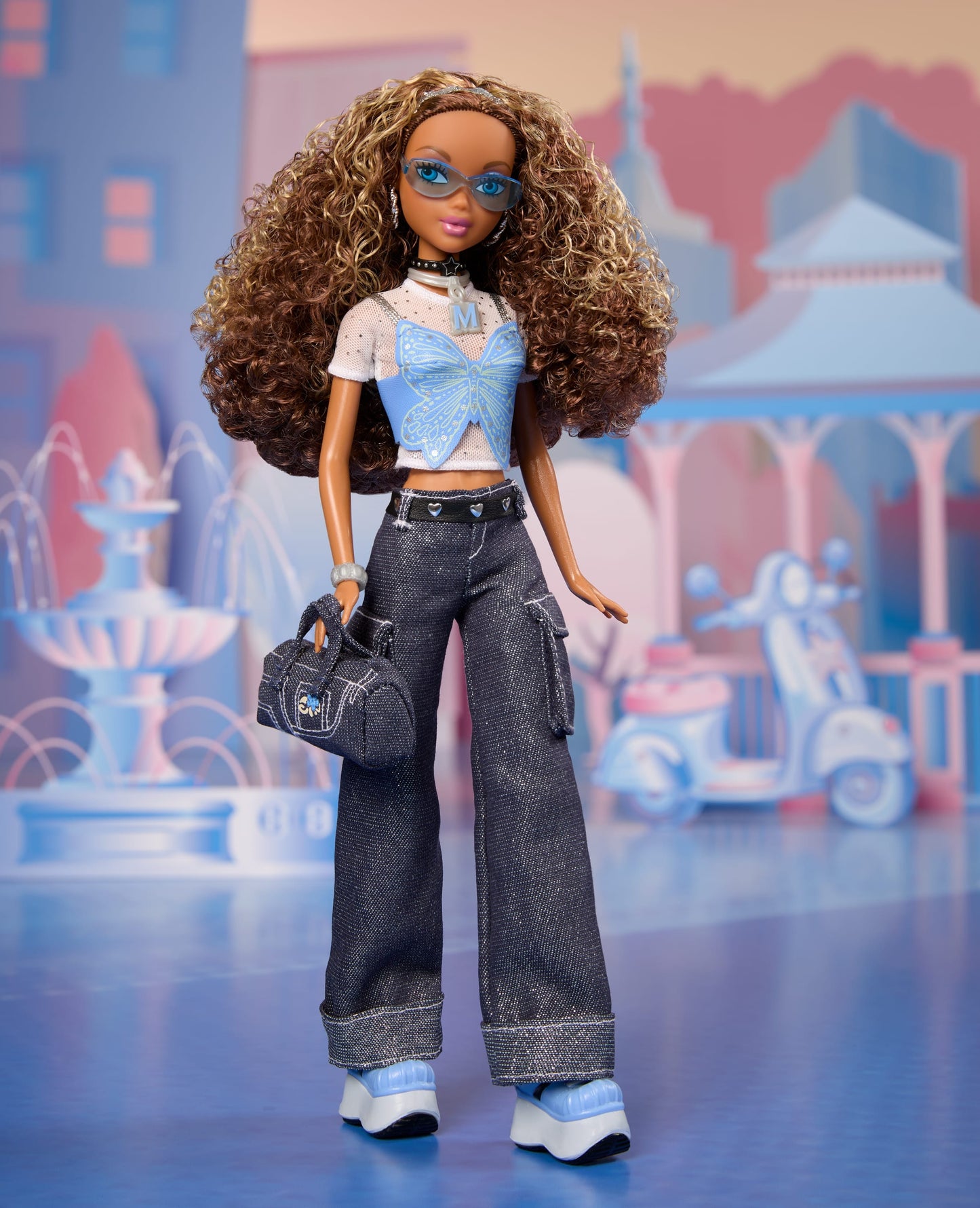 Barbie Signature My Scene Madison Doll & Accessories, Y2K-Inspired Outfit with Butterfly Top, Cargo Jeans, Denim Bag & Display Stand