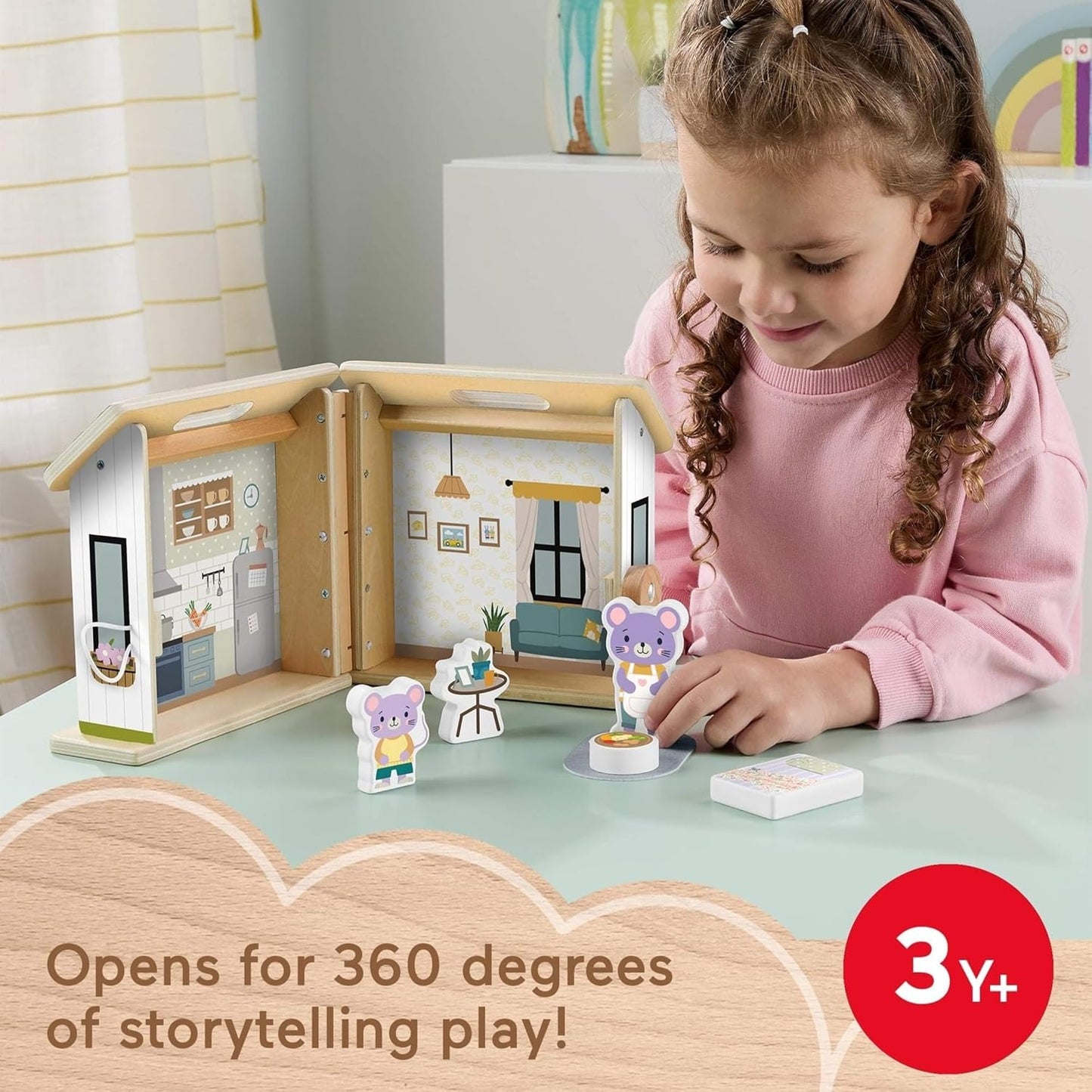 Fisher-Price Wood Pretend Play Toy Dollhouse, 6-Piece Wooden House Playset for Travel Preschool Kids Ages 3+ Years