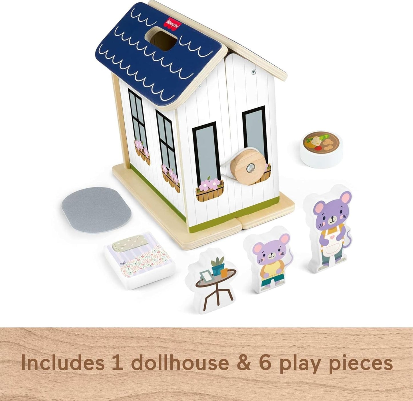 Fisher-Price Wood Pretend Play Toy Dollhouse, 6-Piece Wooden House Playset for Travel Preschool Kids Ages 3+ Years