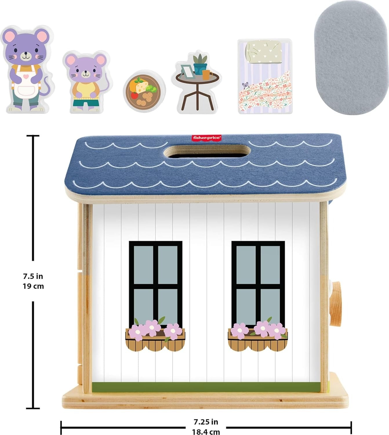 Fisher-Price Wood Pretend Play Toy Dollhouse, 6-Piece Wooden House Playset for Travel Preschool Kids Ages 3+ Years