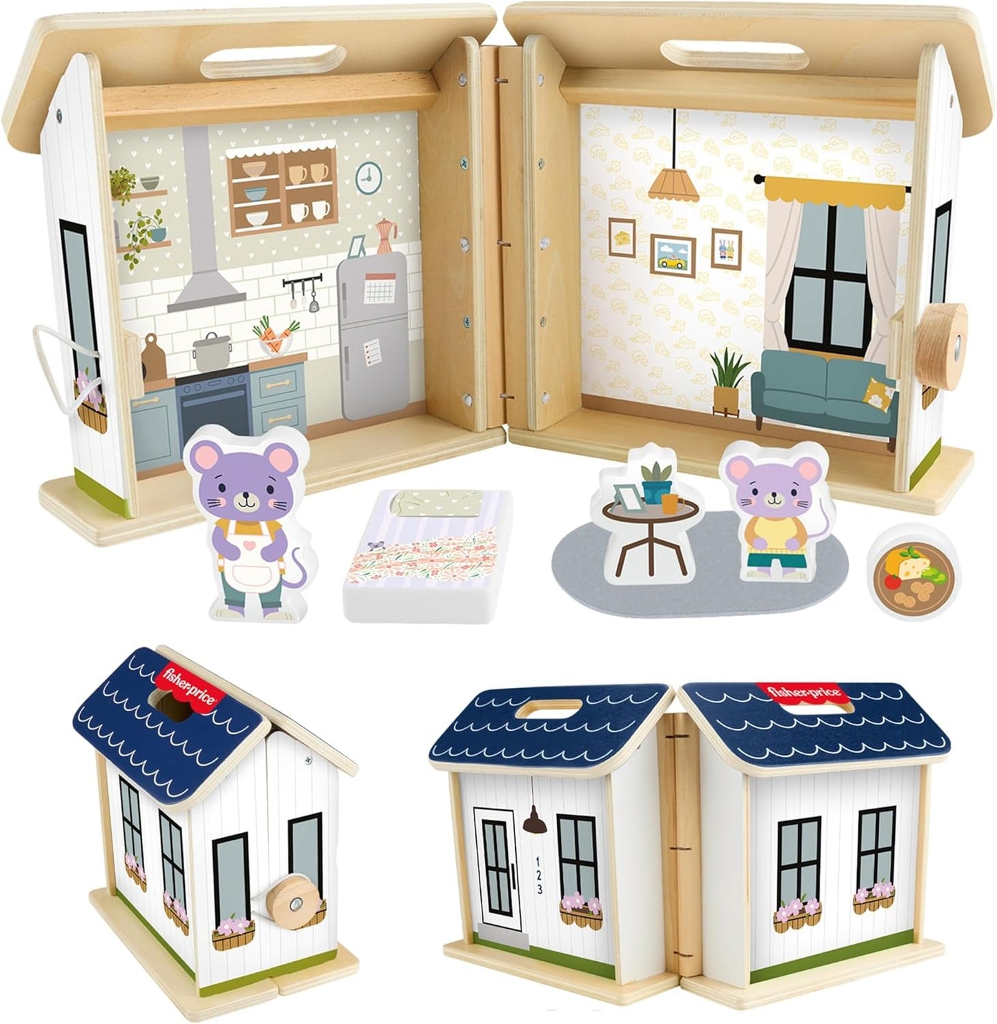 Fisher-Price Wood Pretend Play Toy Dollhouse, 6-Piece Wooden House Playset for Travel Preschool Kids Ages 3+ Years