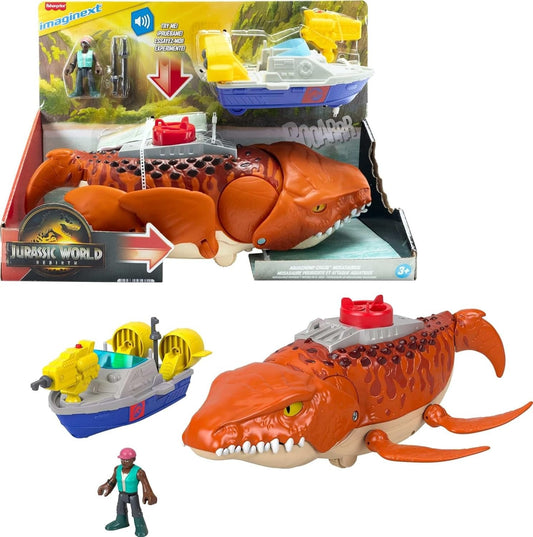 Fisher-Price Imaginext Jurassic World Rebirth Aquachomp Chase Mosasaurus 18-inch Dinosaur Toy with 3-inch Action Figure, Launcher Boat & 2 Projectiles