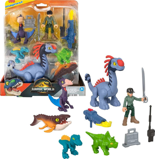 Fisher-Price Imaginext Jurassic World Rebirth Action Figure Set with 1 3-inch Human, 5 Dinosaurs, Toy Launcher & Accessories