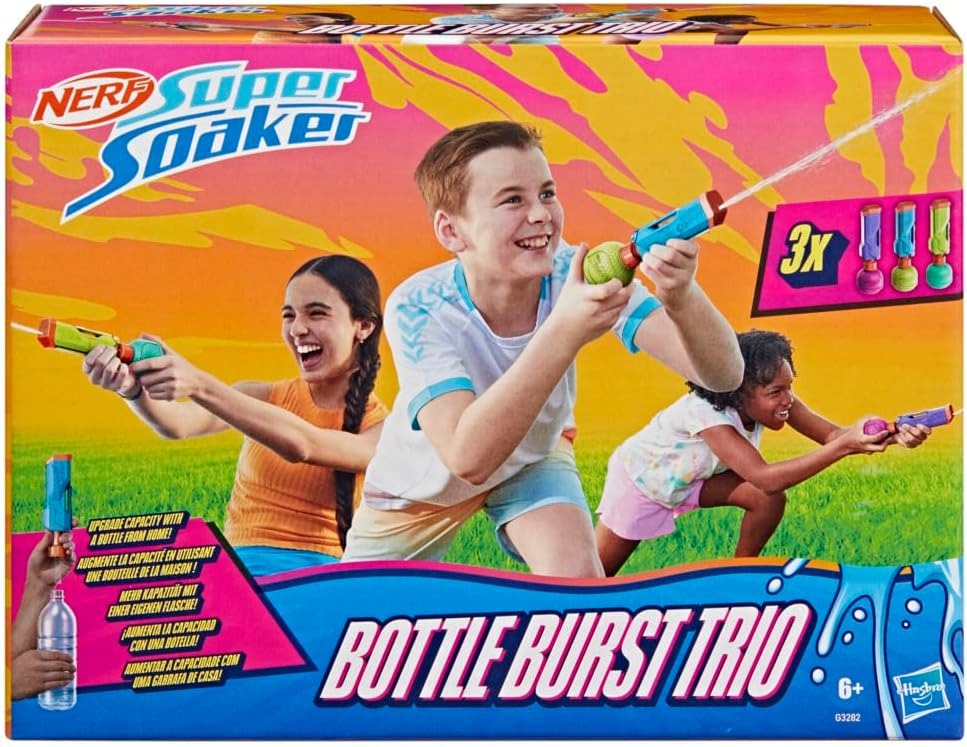 Nerf Super Soaker Bottle Burst Trio | 3 Pump Action Water Toys | Removable 4 Fl. Oz. Capacity Bottles | Kids Outdoor Toys | Ages 6+