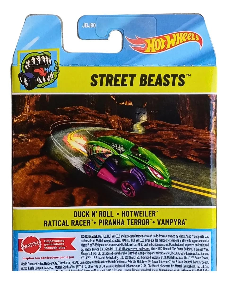 Hot Wheels Street Beasts 5 Pack (Duck N' Roll, Hotweiler, Ratical Racer, Piranha Terror, Vampyra) 1:64 Scale Diecast Toy Vehicles