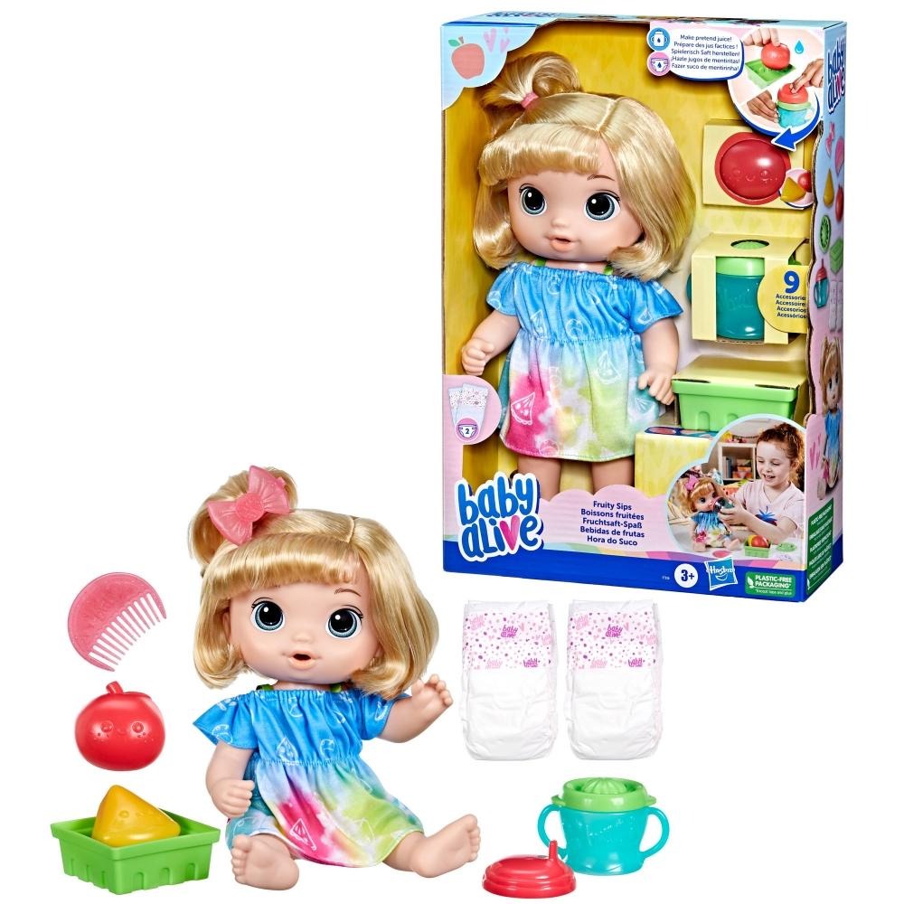Baby Alive, Doll's Box Fruity Drinks, Apple, Dummy Juicer, Drinks and Wet Her Diaper, from 3 Years Old, Blond Hair