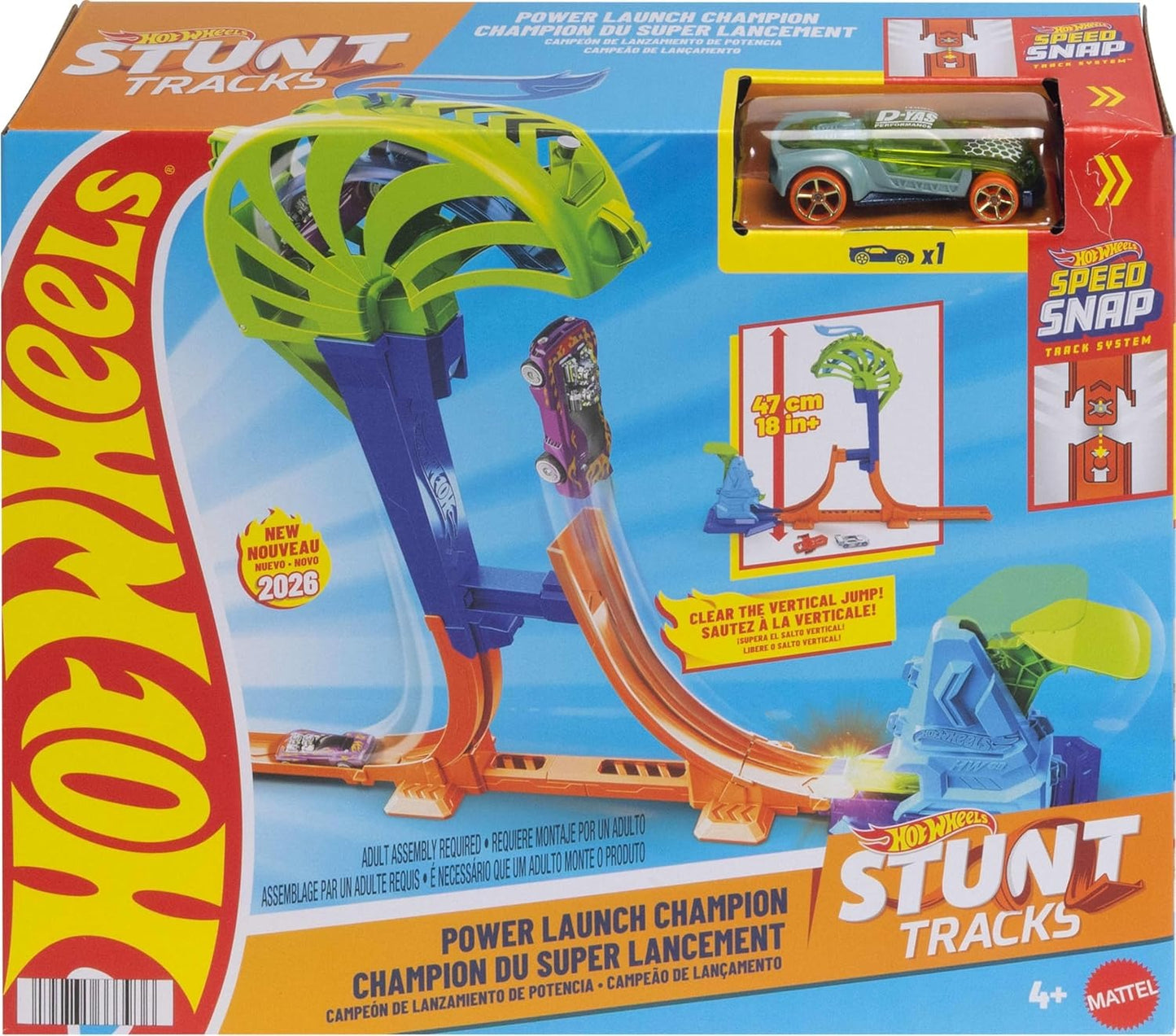 Hot Wheels Toy Car & Track Set, Stunt Tracks Power Launch Champion with 1.5-Foot Jump with Catch Cage, Speed Snap Track Compatible, 1:64 Scale Vehicle