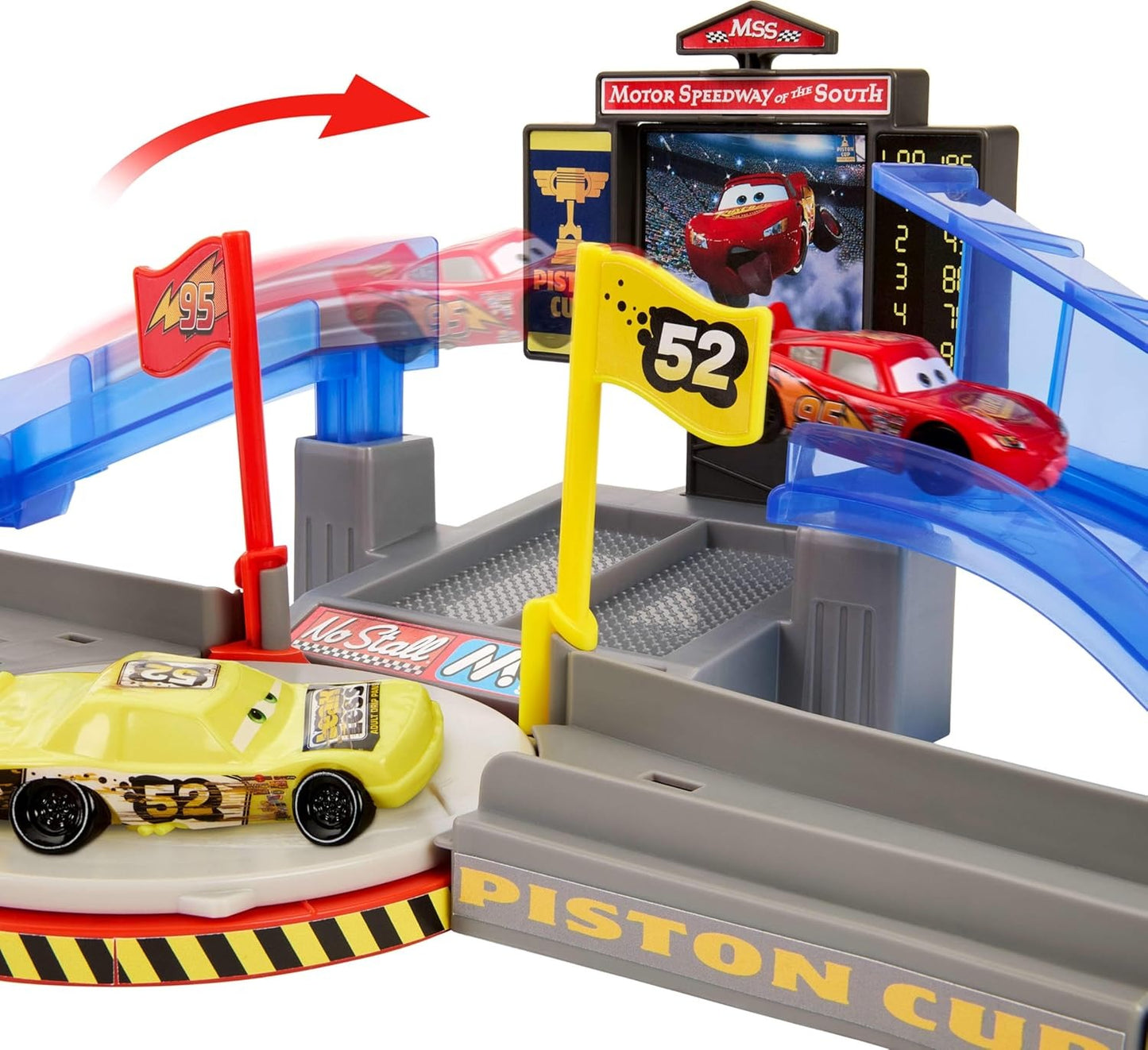 Mattel Disney Pixar Cars Playset & Toy Car, Tongue-Out Lightning McQueen & Crushed Car, Piston Cup Stunting Speedway Track Set Includes