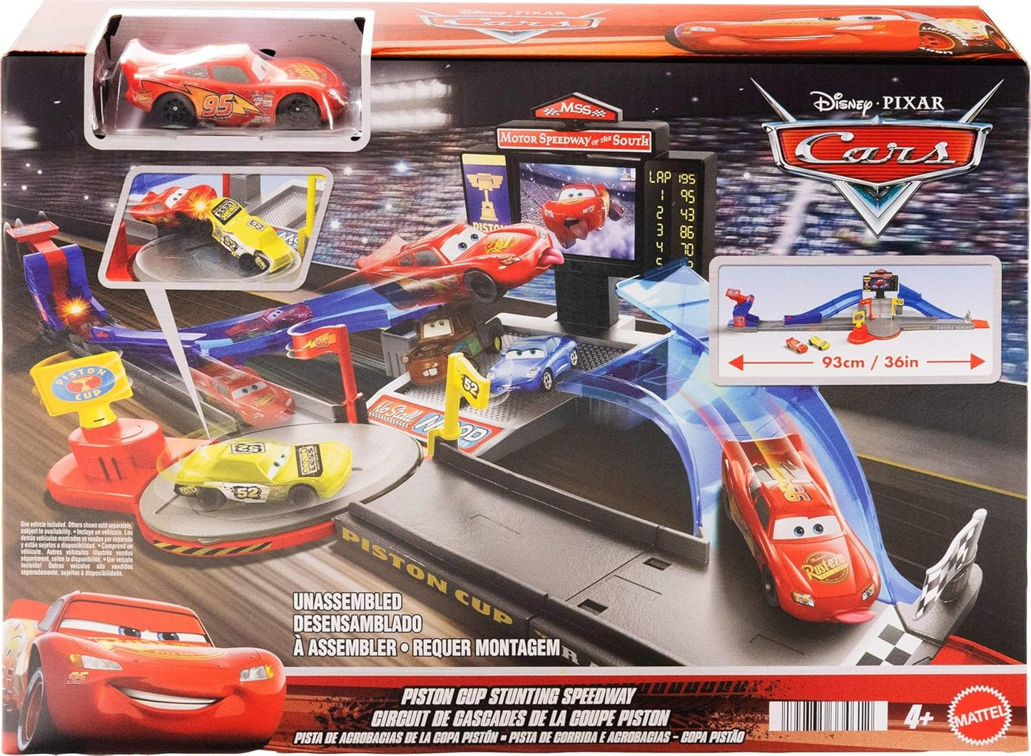 Mattel Disney Pixar Cars Playset & Toy Car, Tongue-Out Lightning McQueen & Crushed Car, Piston Cup Stunting Speedway Track Set Includes