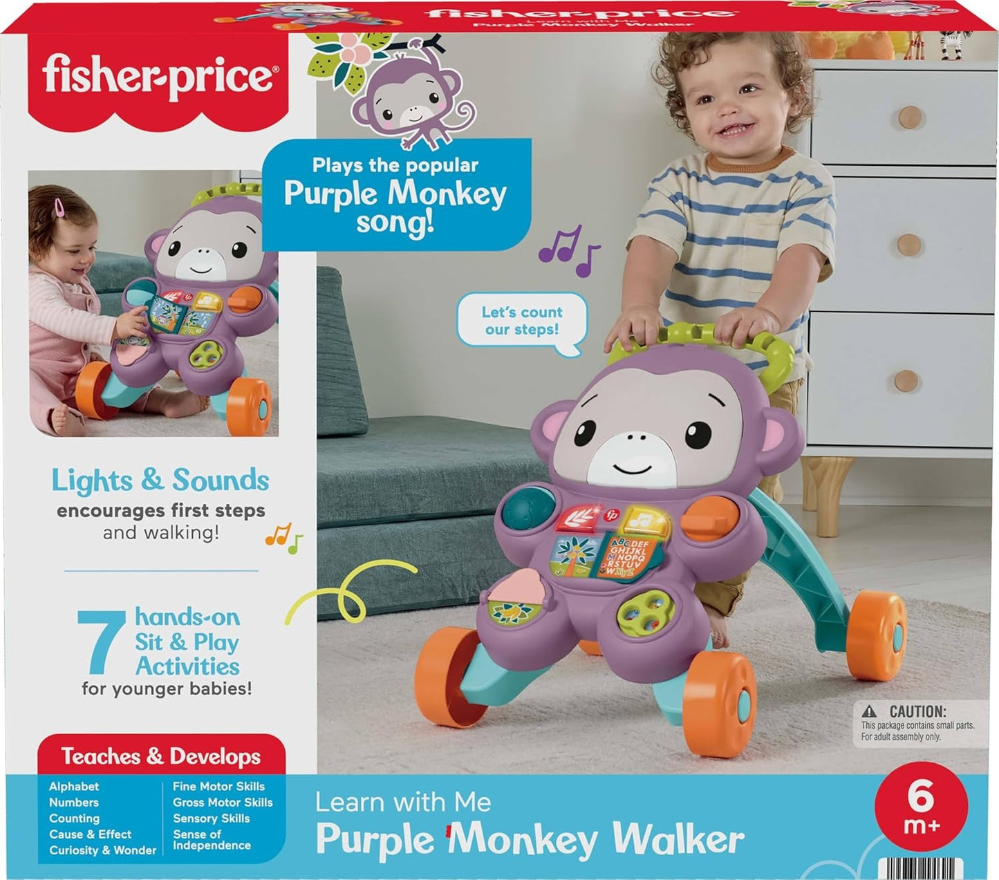 Fisher-Price Baby Push Toy Learn with Me Purple Monkey Walker Musical Learning Activity with Lights for Infants Ages 6+ Months
